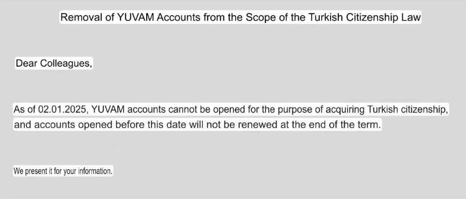 2025年1月起土耳其YUVAM Account不能再用来申请土耳其护照移民！